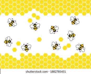 Flying bees with honeycombs. Vector cartoon black and yellow bees isolated on white background.