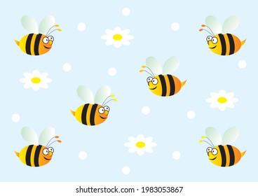 Flying bees on the sky and white flowers, wallpaper, funny vector illustration