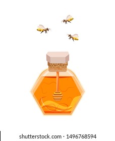 Flying bees over a jar of honey.Organic and natural product. Organic food design concept.
Vector illustration in flat  cartoon sty
le on white background. 
