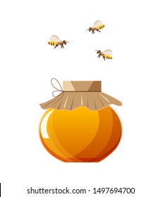 Flying bees over a jar of honey.Organic and natural product.  
Vector illustration in flat  cartoon style on white background. 
