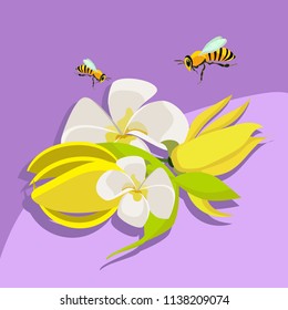 flying bees pollinate a bouquet of flowers on the purple background