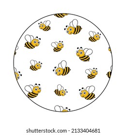 Flying bees in round shape. Black and yellow bees isolated on white background. Vector illustration.