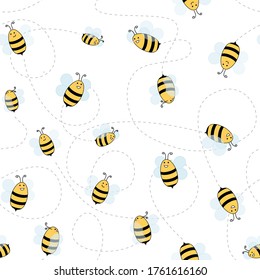 Flying bees yellow cute vector illustration seamless pattern