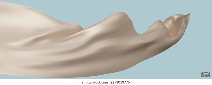 Flying beige silk textile fabric flag background. Smooth elegant beige Satin Isolated on blue Background for grand opening ceremony. Gold curtain. 3d vector illustration