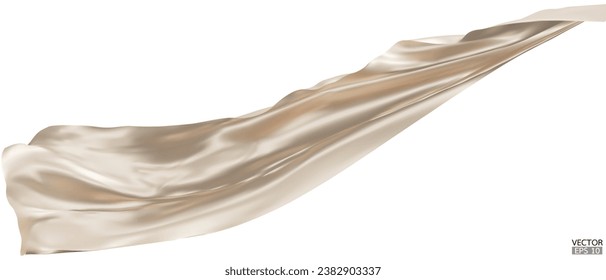 Flying beige silk textile fabric flag background. Smooth elegant beige Satin Isolated on white Background for grand opening ceremony. Flying cream silk vertical image. 3d vector illustration