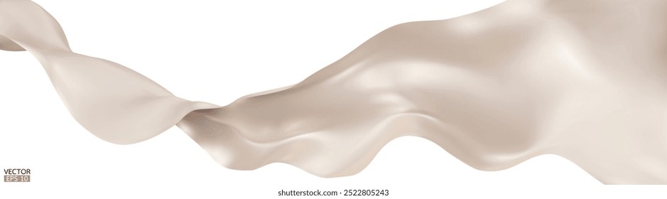 Flying beige silk textile fabric flag background. Smooth elegant beige Satin Isolated on white Background for grand opening ceremony. Flying cream silk vertical image. 3d vector illustration