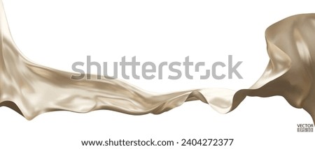 Flying beige silk textile fabric flag background. Smooth elegant beige Satin Isolated on white Background for grand opening ceremony. Flying cream silk vertical image. 3d vector illustration