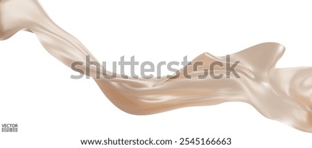 Flying beige silk textile fabric flag background. Smooth elegant beige Satin Isolated on white Background for grand opening ceremony. Flying cream silk vertical image. 3d vector illustration