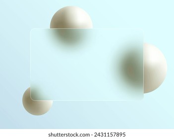Flying beige Kugel aus natürlichen Perlen, verschwimmen auf einem hellen Hintergrund mit einem rechteckigen Rahmen. Abstrakter Hintergrund mit Glas im Glasmorphismus-Stil.