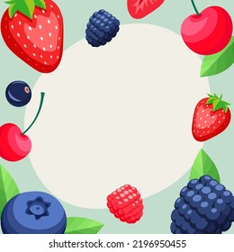 Flying berries with leaves background. Cartoon vector illustration of berries floating in the air on green background. Card template. Frame. Cherry, blackberry, blueberry, strawberry, raspberry