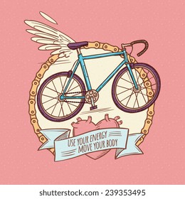 Flying bicycle, print for clothes, cartoon doodle style, isolated vector illustration. Design for stickers, logo, web and mobile app.