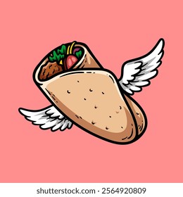 flying big burrito isolated colored drawing line art style sketch classic vintage design illustration