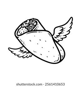 flying big burrito isolated drawing line art style sketch classic vintage design illustration