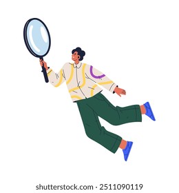 Flying big man with magnifier researching explorer. Vector flat cartoon male analyzing with big magnifier stationery tool. Huge person holding in hands giant loupe, spy and stationery tool