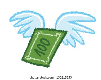 Flying Bill - hand drawn vector image of a hundred dollar bill with wings, flying away