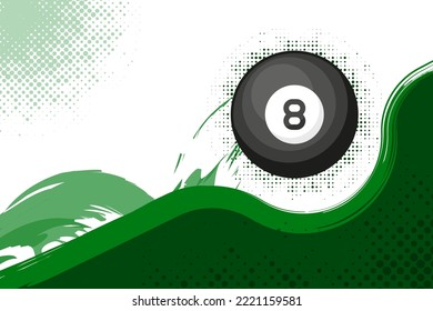 A flying billiard ball abowe green flat wave. Abstract background
