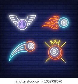 Flying billiard balls with wings and cues neon signs set. Billiards club and entertainment design. Night bright neon sign, colorful billboard, light banner. Vector illustration in neon style.