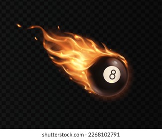 Flying billiards eight ball with fire flame trails. Vector realistic 3d pool or snooker ball with number 8 in flame with sparks. Burning sphere flying with blazing trail, fireball comet or asteroid