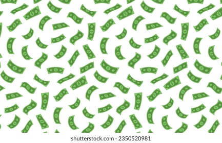 Flying bills in the air seamless pattern. Pattern of green banknotes scattered in the air. Jackpot, win success. Vector illustration