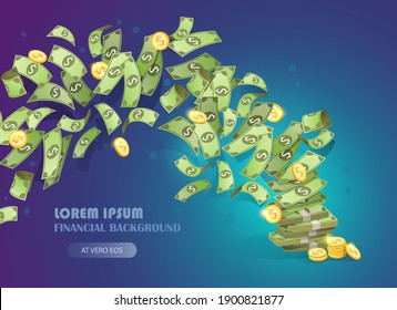 Flying bills and coins. Cash income and business success concept. Money background vector illustration