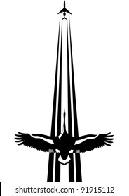 A flying bird against a background of flying in the sky plane. Black and white illustration