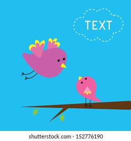 Flying bird and baby bird. Card. Vector illustration.