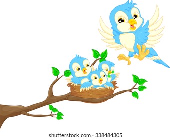 Flying bird and baby bird in the nest