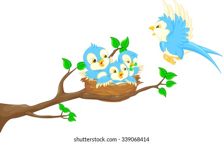 Flying bird and baby bird in the nest