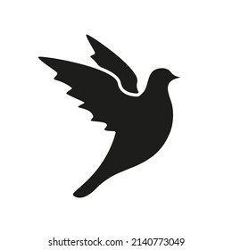 Flying bird black silhouette. Dove with open wings. Vector isolated on white.