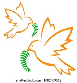 A flying bird with a branch in its beak. A symbol of peace. Vector illustration.
