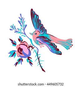 Flying bird with branch of a rose isolated on white, diagonal element design for greeting card, celebrate gift, invitation message. Doodles illustration retro vector