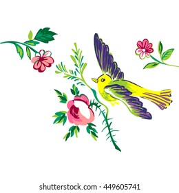 Flying bird with branch of a rose isolated on white, diagonal element design for greeting card, celebrate gift, invitation message. Doodles diagonal illustration retro vector