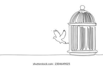 Pájaro volador del elemento de dibujo de línea continua en jaula aislado sobre fondo blanco para elementos decorativos. Ilustración vectorial de la forma animal y la libertad en el estilo de diseño de contorno.
