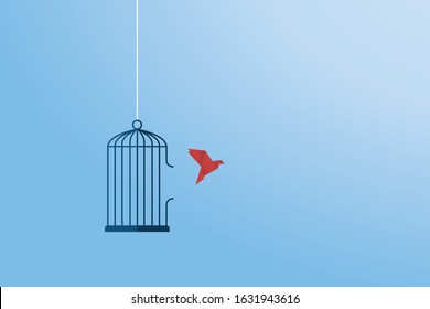 Flying bird and cage. Freedom concept. Emotion of freedom and happiness. Minimalist style.