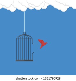 Flying bird and cage. Freedom concept. Emotion of freedom and happiness. Minimalist style.