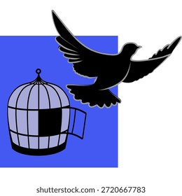 Pássaro voador e gaiola. Conceito de liberdade. Emoção de liberdade e felicidade. Estilo minimalista. Liberdade pássaro escapa gaiola, esperança conceito