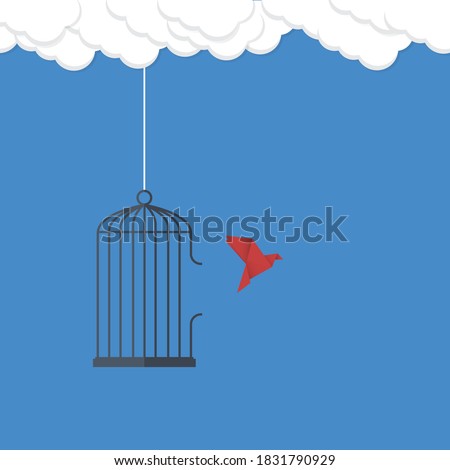 Flying bird and cage. Freedom concept. Emotion of freedom and happiness. Minimalist style.