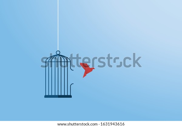 Flying bird and cage. Freedom concept.\
Emotion of freedom and happiness. Minimalist\
style.