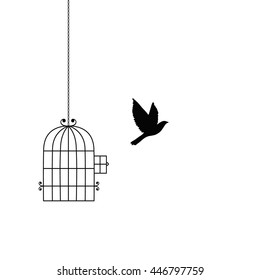 Flying bird   cage silhouettes  Freedom concept  Vector illustration in boho style for print   poster isolated white background 