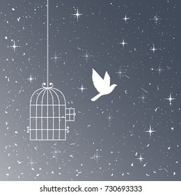 Flying bird and cage silhouettes. Freedom concept. Vector illustration in boho style for print and poster isolated on white background.
