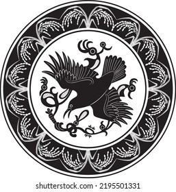 pájaro volante con vector de diseño de marco de círculo hecho a mano