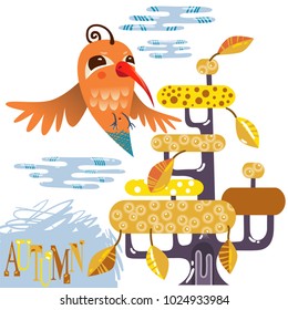 Flying bird with clouds and blossom tree. Vector illustration of autumn in the forest.