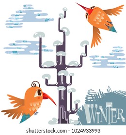Flying bird with clouds and blossom tree. Vector illustration of winter in the forest.