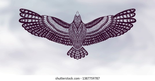 Flying bird in the cloudy sky. Hand drawn animal on the watercolor background. Sketch for tattoo art.
