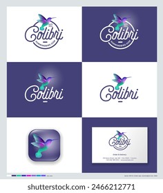 Un pájaro volador, logo de Colibri. Colibrí con letras en círculo. Identidad. Usando colores.