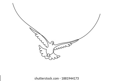 Flying Bird In Continuous Line Art Drawing Style. Pigeon Flight Minimalist Black Linear Sketch Isolated On White Background. Vector Illustration