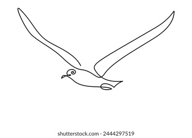 Flying bird in continuous line art drawing style. Sea gull black linear design isolated on white background. Vector illustration
