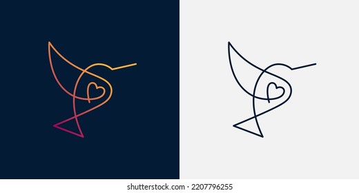 Flying bird continuous line drawing element isolated on dove and gradient color for favicon or company logo. Vector illustration of animal form in trendy outline style.