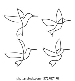 Flying Bird Continuous Line Drawing Elements Set Isolated On White Background For Logo Or Decorative Element. Vector Illustration Of Animal Form In Trendy Outline Style.