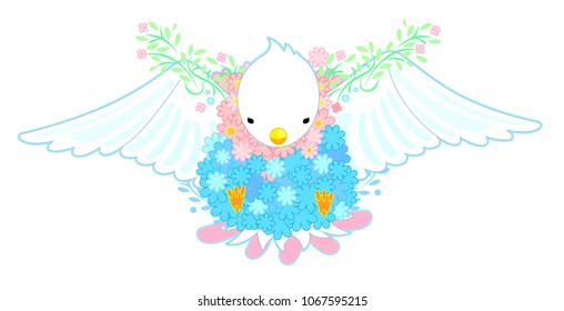 A flying bird is covered with flowers.